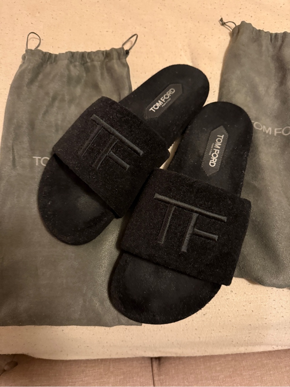 Tom Ford Black Velvet TF Embossed Slide Sandals